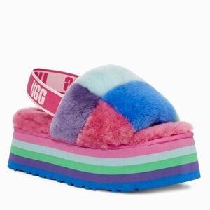 UGG Pride Disco Checker Rainbow Blue Fluff Slide Sandals Size US 10